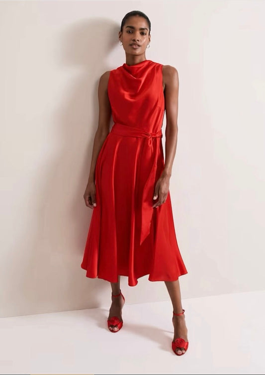 Sateen Cowl-Neck Midi Dress