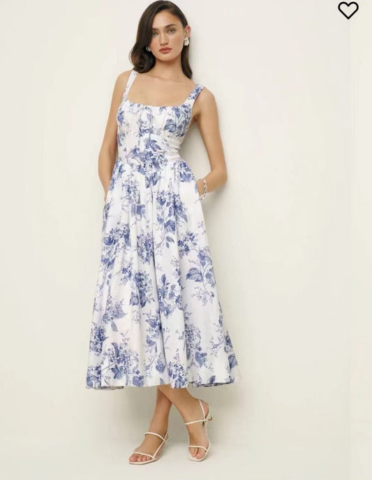 Linen Printed Midi Dress