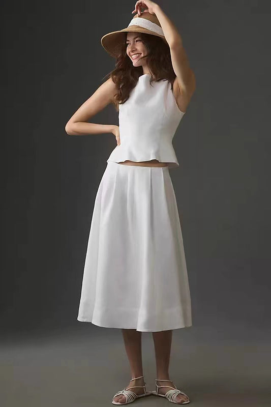 Linen Peplum Top+Skirt Set