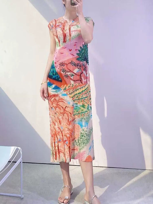 Pleated Printed Shift Dress