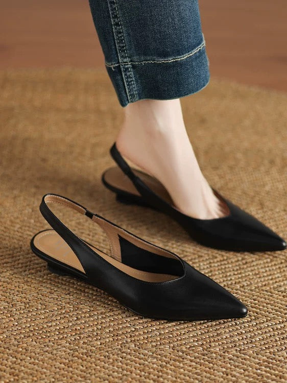 Leather Slingback Low Wedge Heel