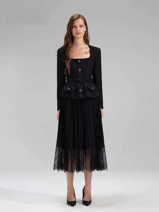 Glitter Tweed Lace Pleated Midi Dress