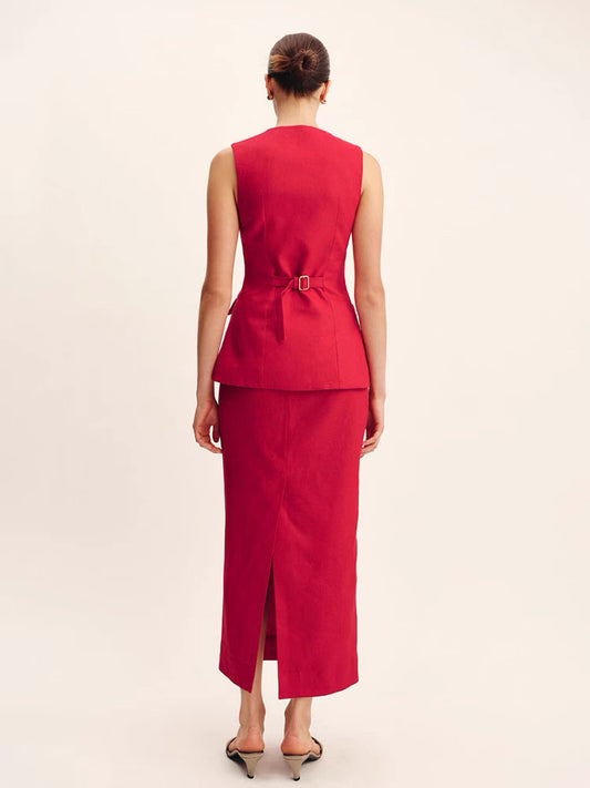 Linen Top+Midi Skirt Set