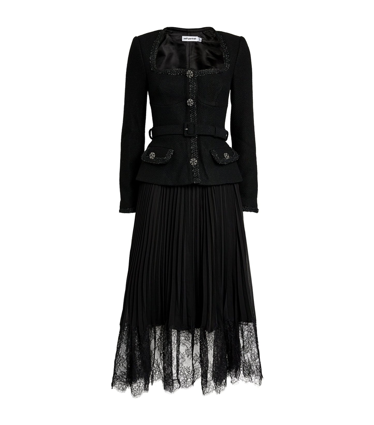 Glitter Tweed Lace Pleated Midi Dress