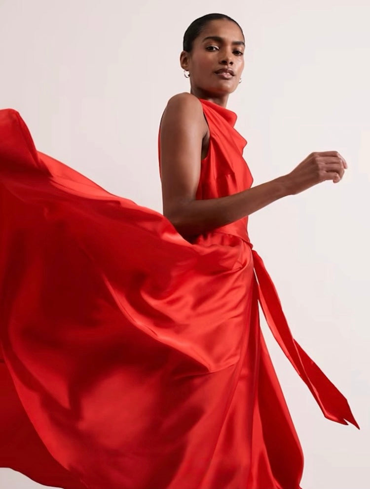 Sateen Cowl-Neck Midi Dress