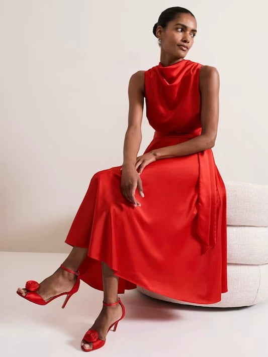 Sateen Cowl-Neck Midi Dress