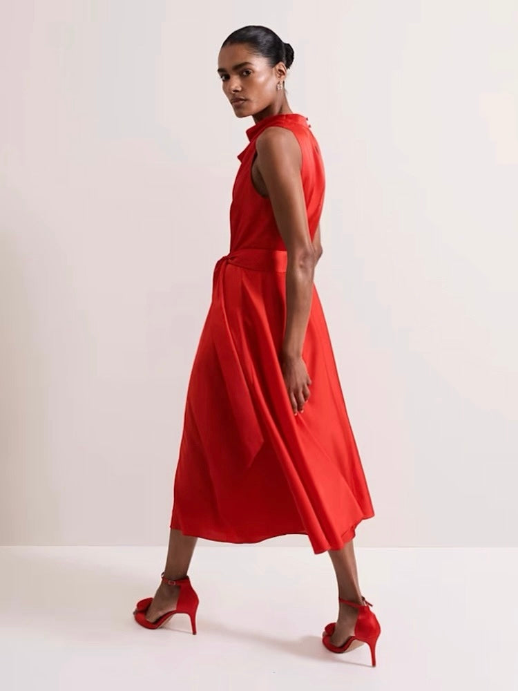 Sateen Cowl-Neck Midi Dress