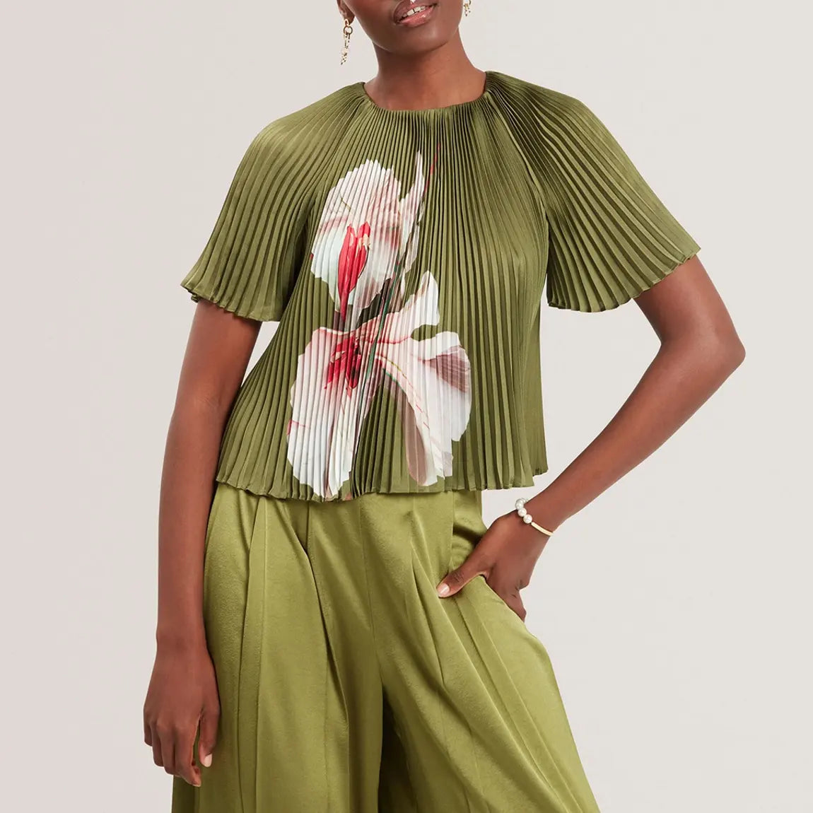 Olive Pleated Top