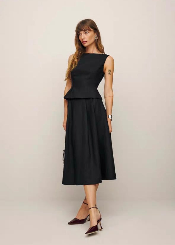 Linen Peplum Top+Skirt Set