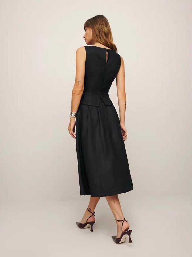 Linen Peplum Top+Skirt Set