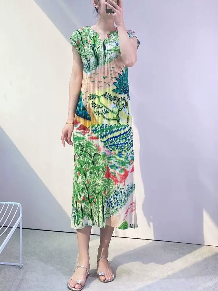 Pleated Printed Shift Dress