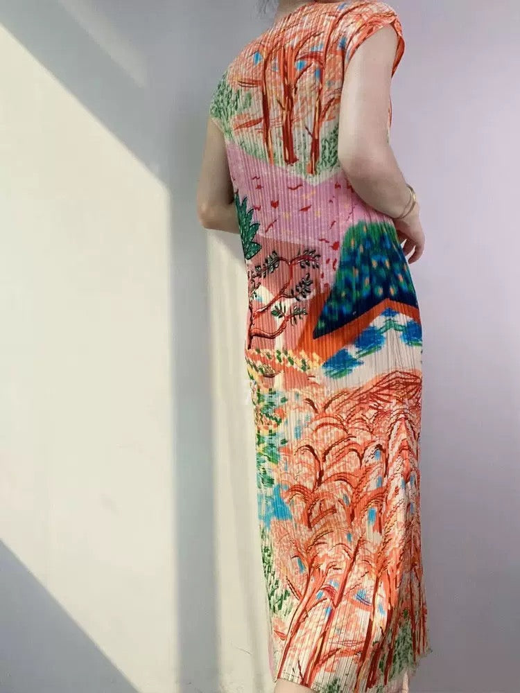 Pleated Printed Shift Dress