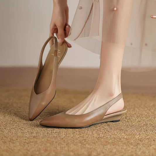 Leather Slingback Low Wedge Heel