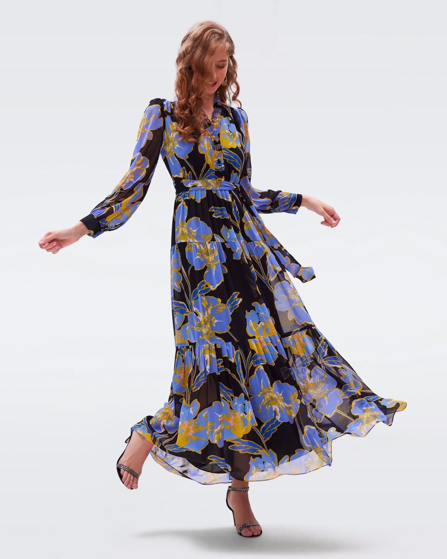 Crepe Ruffled Belted Maxi Dress