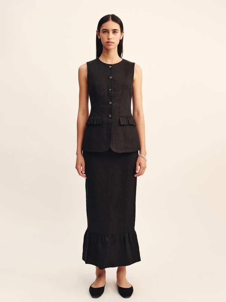 Linen Top+Midi Skirt Set